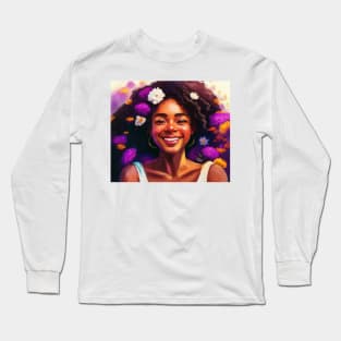 Afro girl happy portrait with flowers Long Sleeve T-Shirt